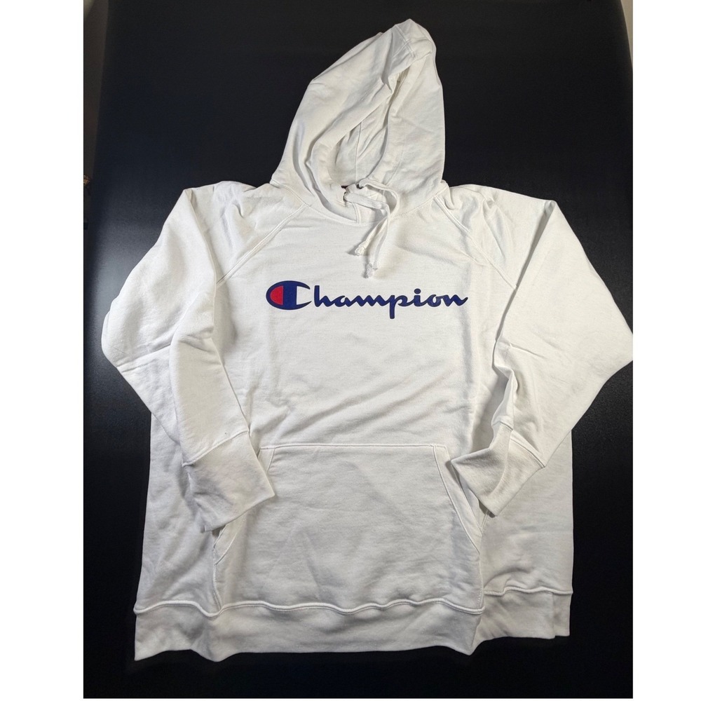 Champion Womens XL White Pullover Hoodie Script Logo Athletic Sweatshirt K7